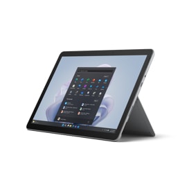Un dispositivo Surface Go 4 para empresas con el soporte trasero integrado activado.