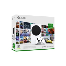 Xbox Series S, Robot White ‑ohjain, Xbox Game Pass Ultimate ‑kortti ja taustalla mosaiikki Xbox Game Passiin sisältyvien pelien pakkauksista