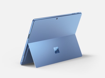 Surface Pro from behind with the kickstand out in the color Sapphire.