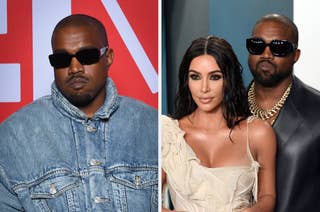 Kanye West in denim jacket and sunglasses. Kim Kardashian in an elegant dress and Kanye West in a chain necklace and black suit at a formal event