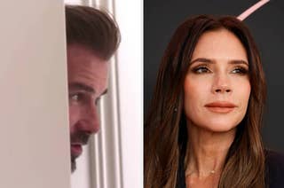 Split image: on the left, a man peeks from behind a door; on the right, Victoria Beckham looks slightly to the side