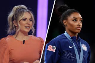 MyKayla Skinner in a puff-sleeved top speaks on stage; Simone Biles, in a USA tracksuit with a medal, looks serious