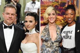 Matt Damon in a tuxedo with Luciana Barroso in a white gown. Katy Perry in a floral dress with Samira Wiley in a 