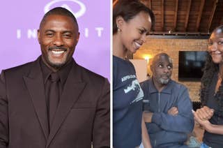 Idris Elba in a dark suit on a red carpet; Idris Elba with Sabrina Dhowre Elba and Isan Elba smiling indoors