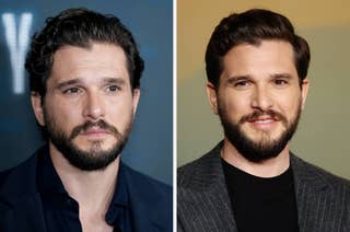 Kit Harington is pictured in two side-by-side images. On the left, he wears a dark suit jacket and on the right, a gray patterned blazer