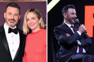 Jimmy Kimmel in a tuxedo posing with Molly McNearney in a textured dress, and Kimmel speaking on stage in a suit