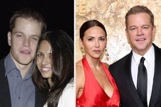 Matt Damon and Luciana Barroso in two side-by-side photos: one casual from years ago, and one recent at a formal event