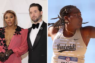 Serena Williams in a pink gown and Alexis Ohanian in a black tuxedo. Veronica Fraley wearing athletic gear while competing