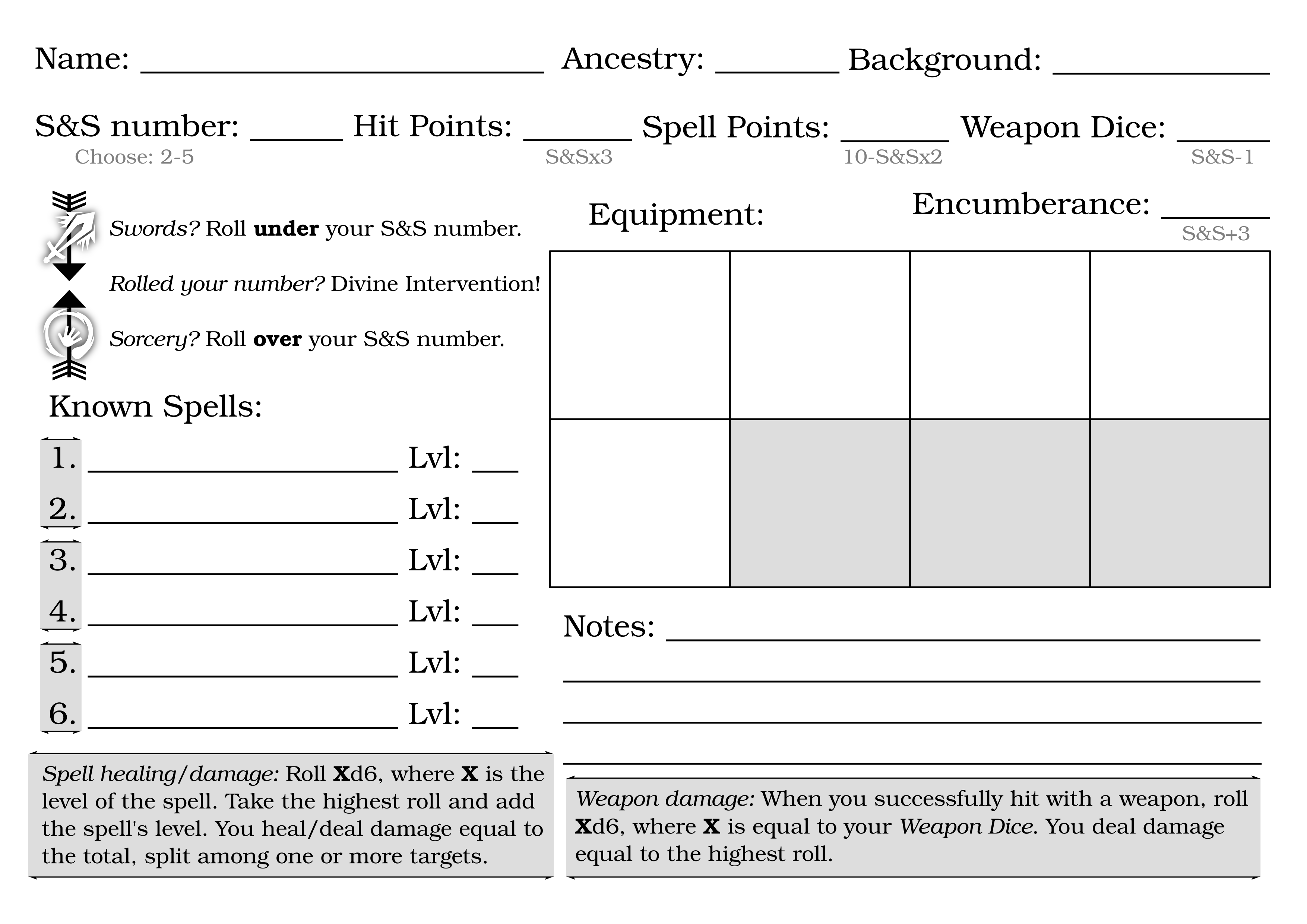 Character sheet for S&S