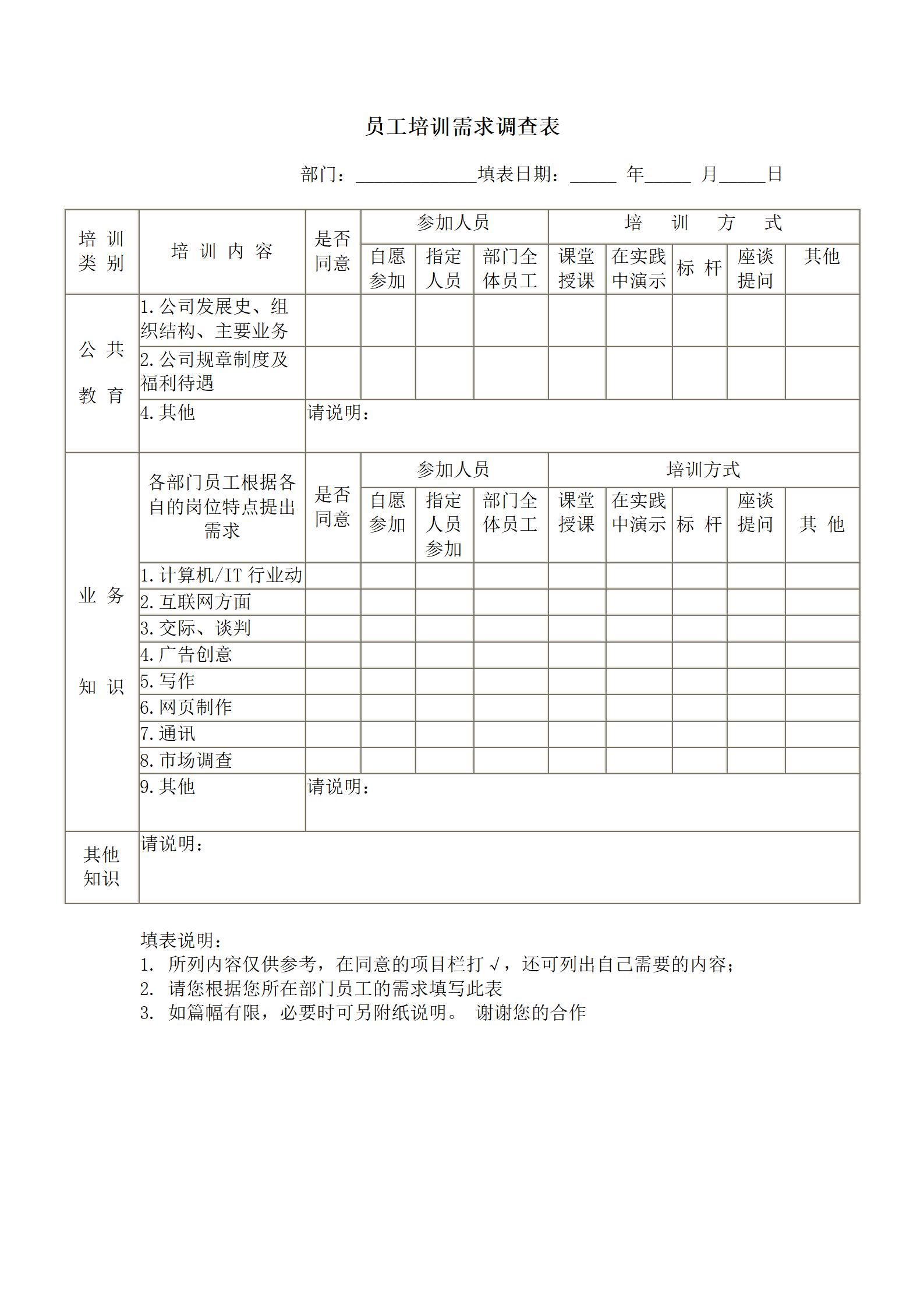 企业管理员工培训需求调查表word模板