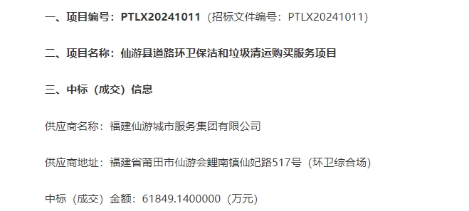 超6亿！仙游县道路环卫保洁和垃圾清运购买服务项目中标结果公布