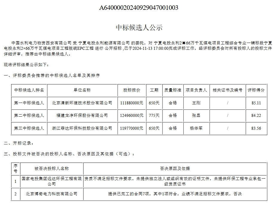 1.1亿！清新环境预中标宁夏电投永利2×66万千瓦煤电项目工程脱硫EPC工程