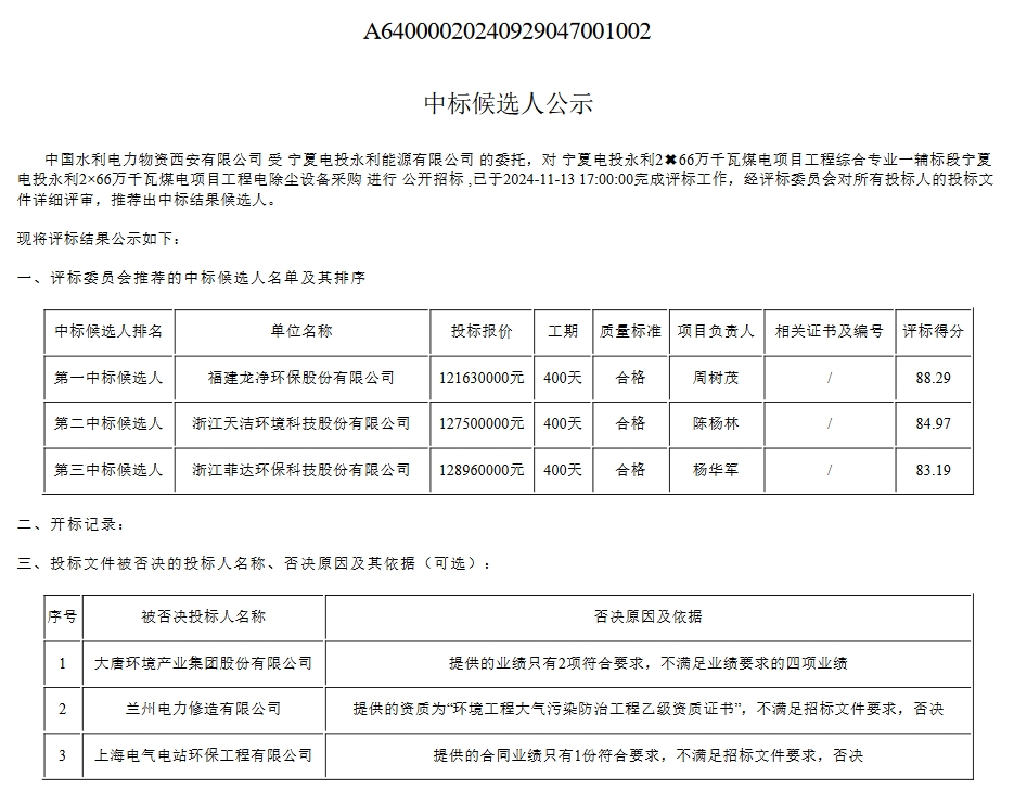 1.2亿！龙净环保预中标宁夏电投永利2×66万千瓦煤电项目工程电除尘设备采购