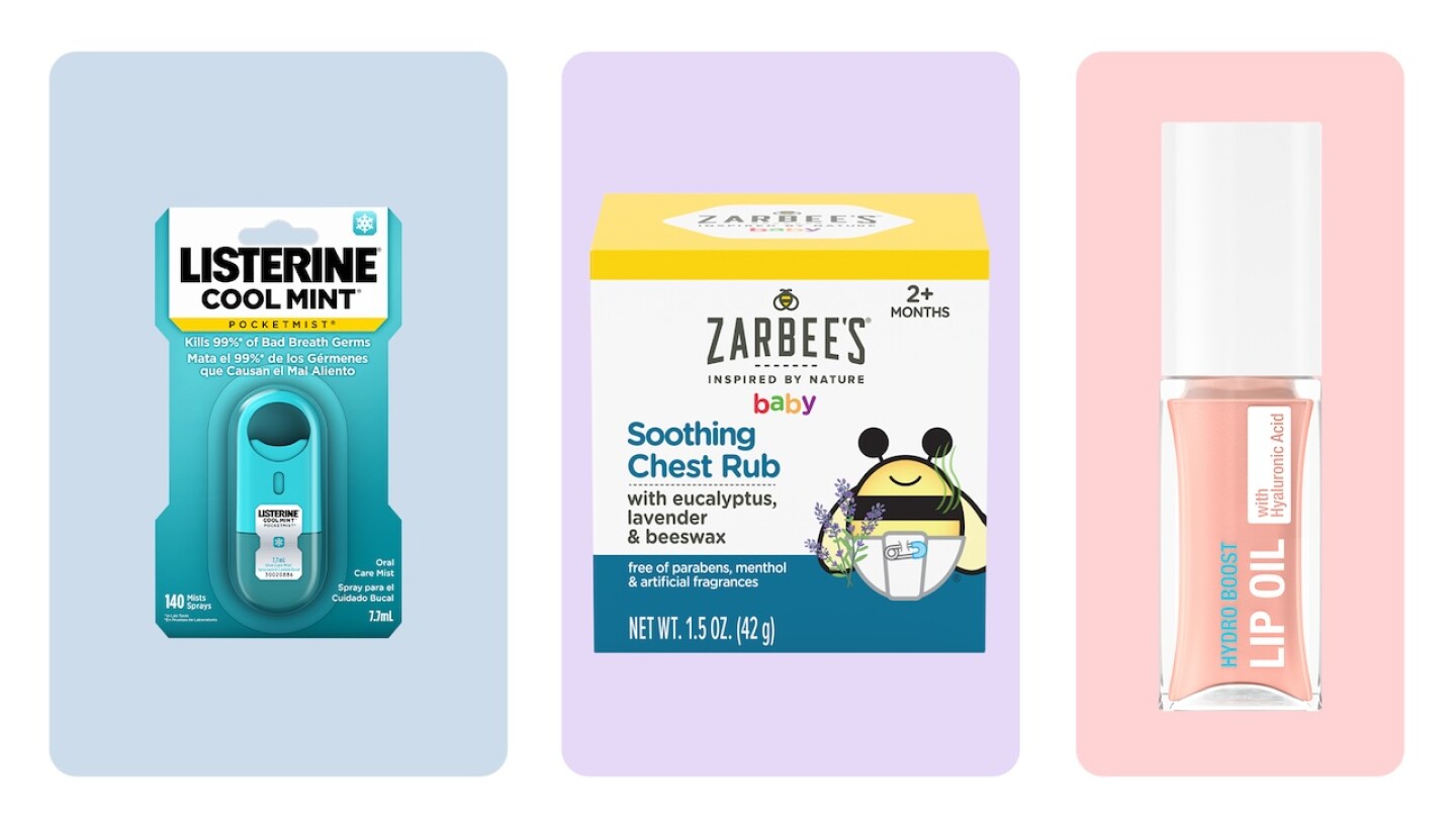 Listerine cool mint pocketmist zarbee's soothing chest rub and hydro boost lip oil