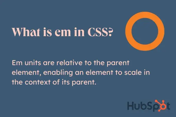 an infographic defining em units in css: “em units are relative to the parent element, enabling an element to scale in the context of its parent”