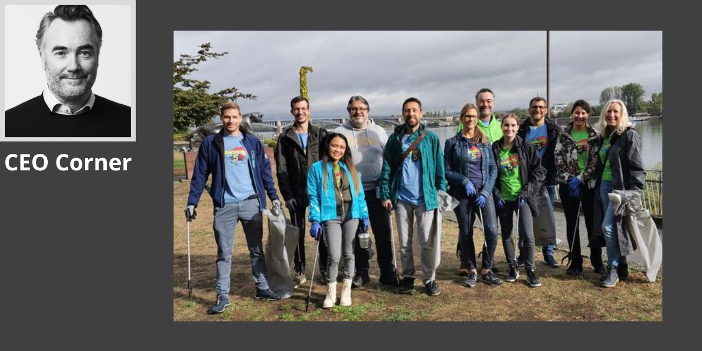 Picture shows Landbell employees at the annual RhineCleanUp in Mainz and a picture of Jan Patrick Schulz, Landbell Group’s CEO