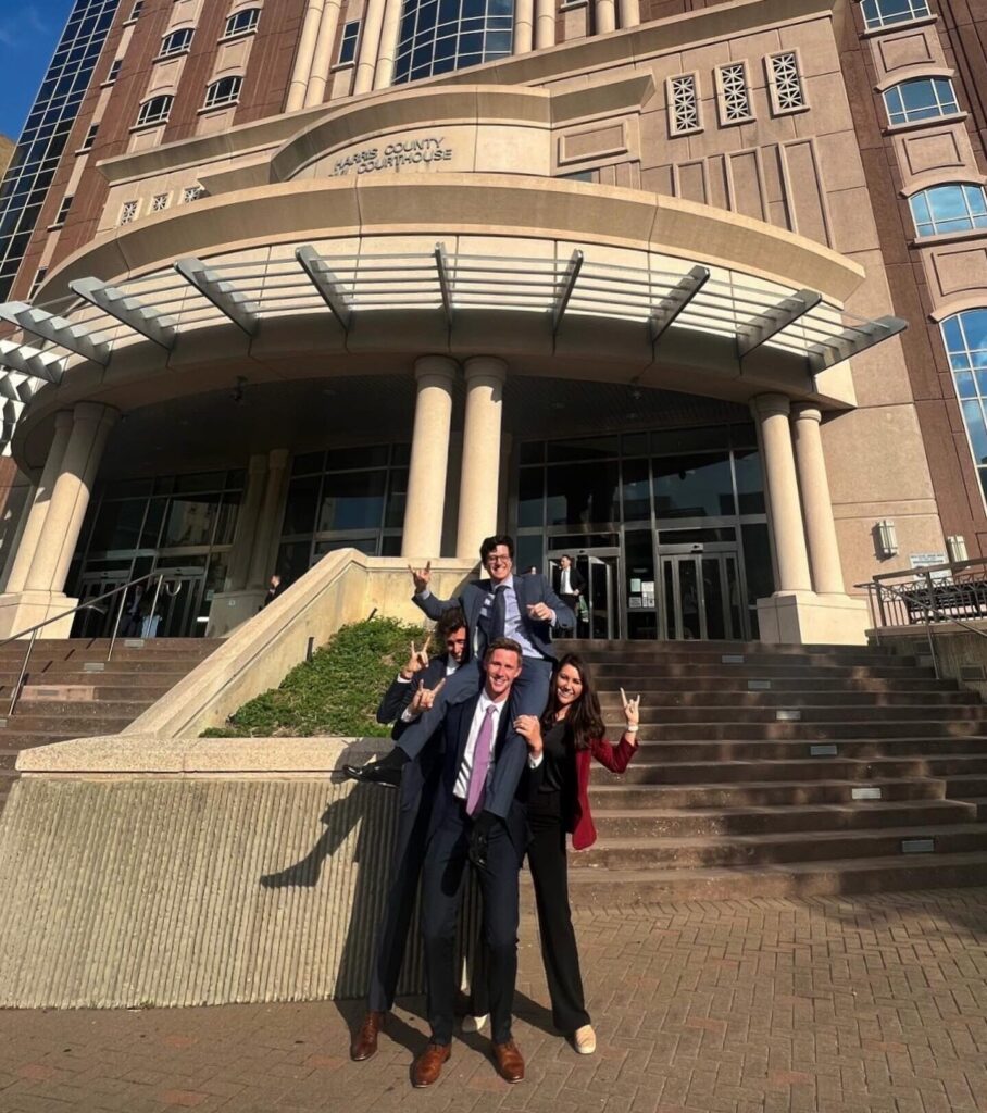 Students from a mock trial team at the Harris County Courthouse in Houston, Texas