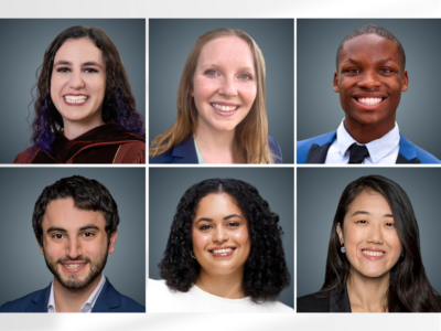 Portraits of (top, from left): Zoe Dobkin '24, Kate Gibson '23, Jamaal Lockings '24; (bottom, from left): Rylan Maksoud '24, Nikita Mhatre '24, and Crystal Tran '24.