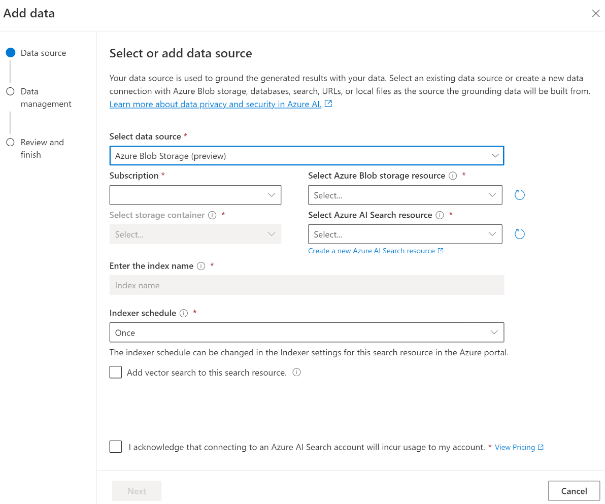 Een schermopname van de indexeerfunctieplanning in Azure OpenAI Studio.