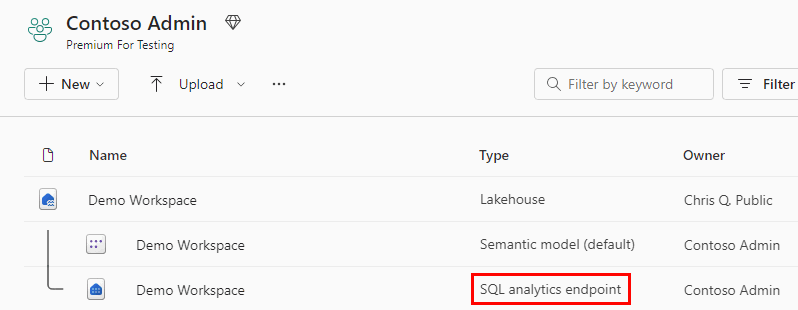 Schermopname van het eindpunttype SQL Analytics in de werkruimte.