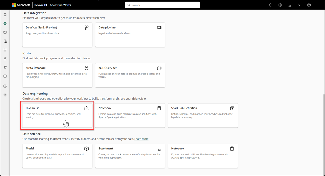 Schermopname van de tegel Lakehouse in Data engineering.