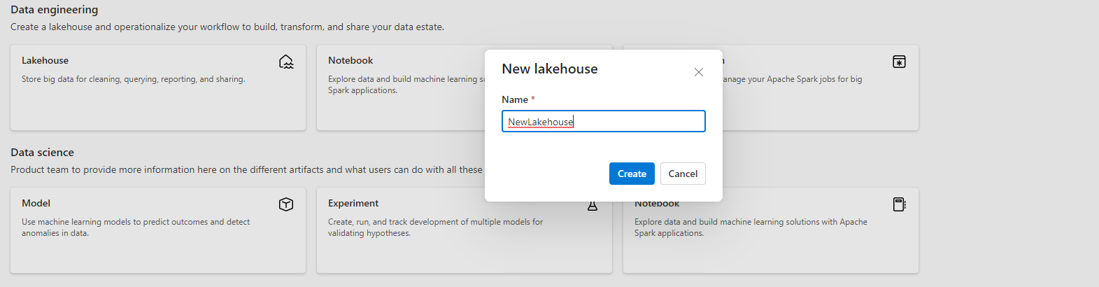 Schermopname die laat zien waar u de naam van uw nieuwe lakehouse kunt invoeren.