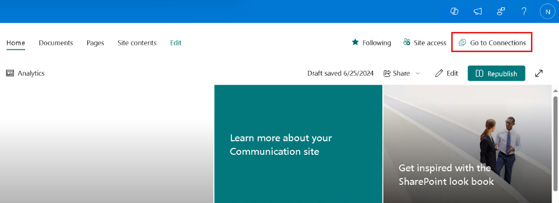 Screenshot of accessing Viva Connections from SharePoint.