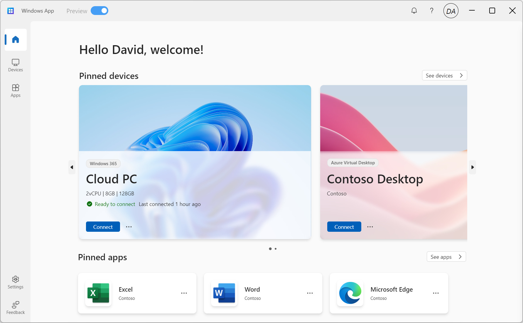 Snímek obrazovky s aplikací pro Windows s připnutými zařízeními a aplikacemi