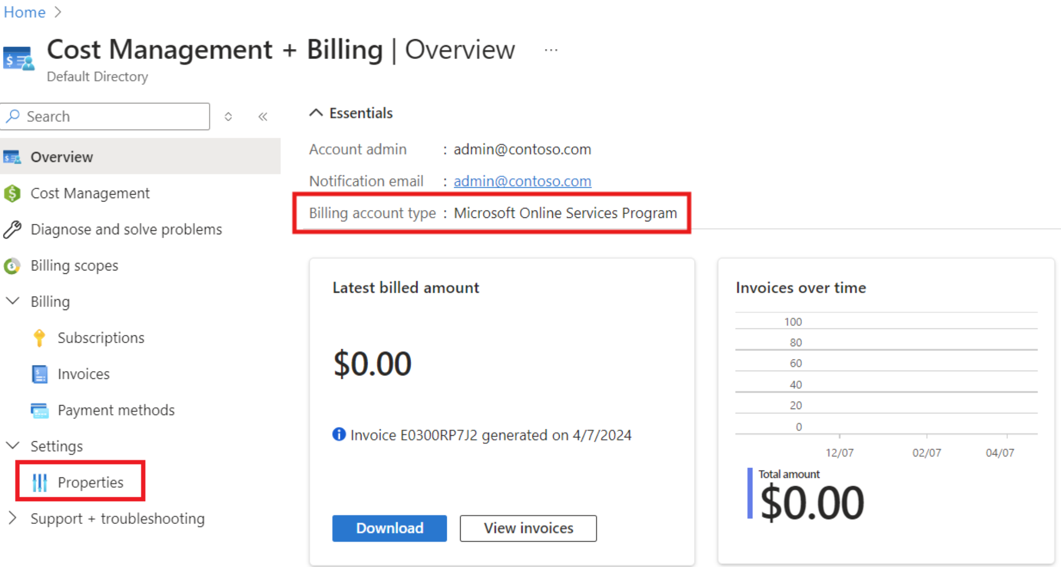 Screenshot of the Billing Overview page, with the Billing account type section highlighted.