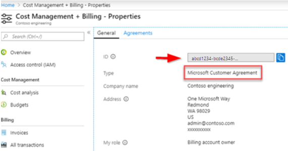 Screenshot of the Cost management + Billing properties page