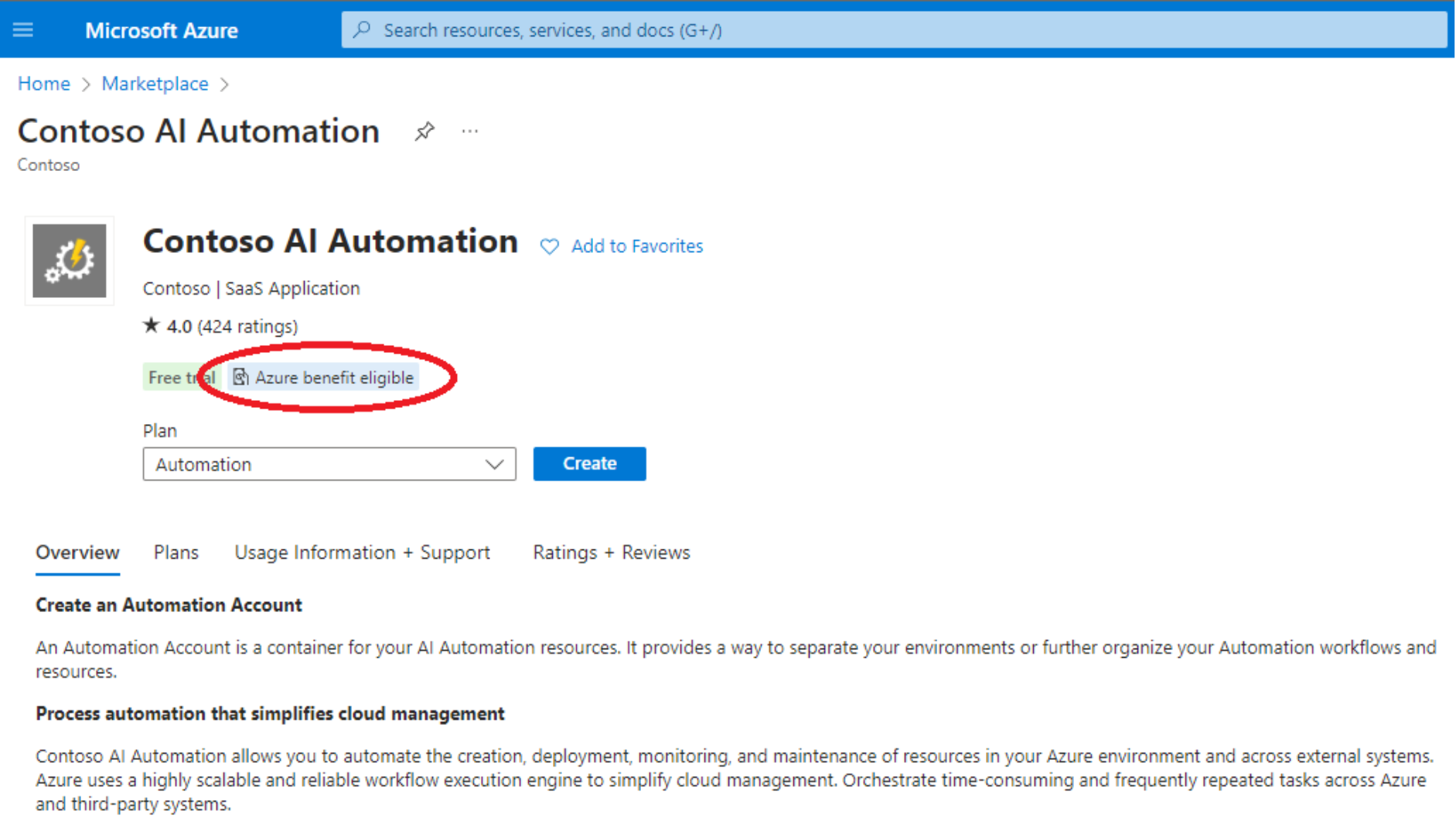 Screenshot of a fictitious eligible solution called Contoso AI Automation that includes a tag for Azure benefit eligible.