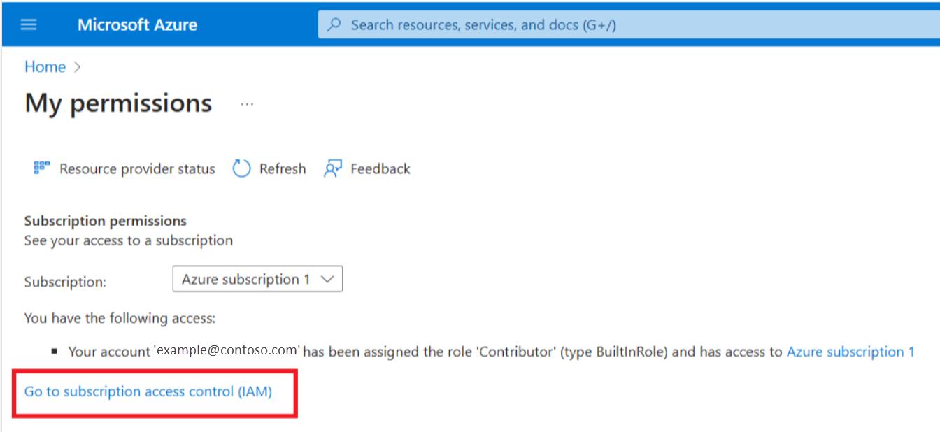 Screenshot of the My Permissions screen, with the link: Go to subscription access control (IAM) highlighted.