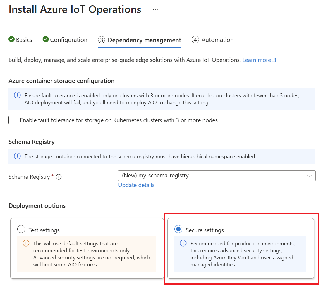 A screenshot that shows selecting secure settings on the third tab for deploying Azure IoT Operations from the portal.