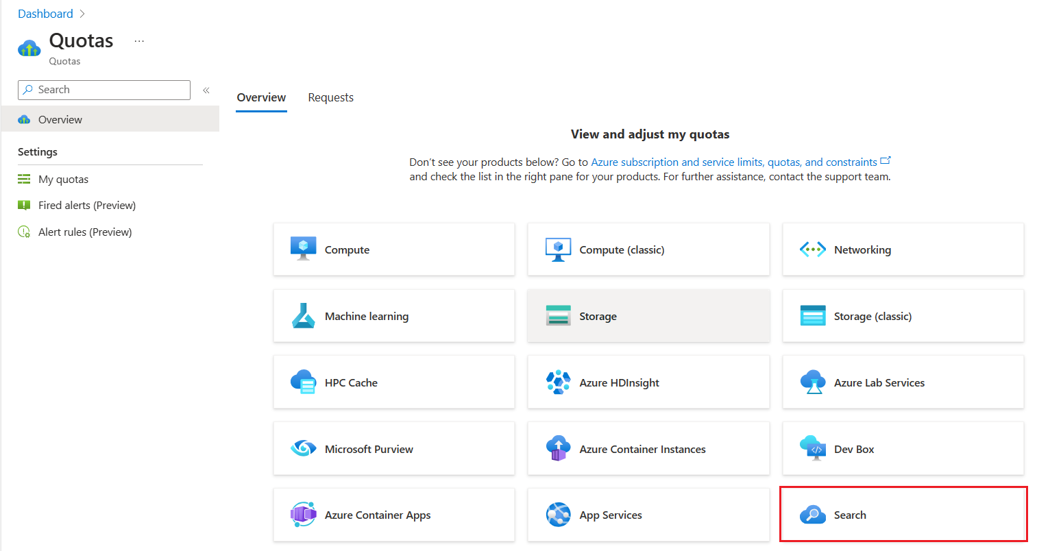 Screenshot of the search tile in the Quota's overview page.