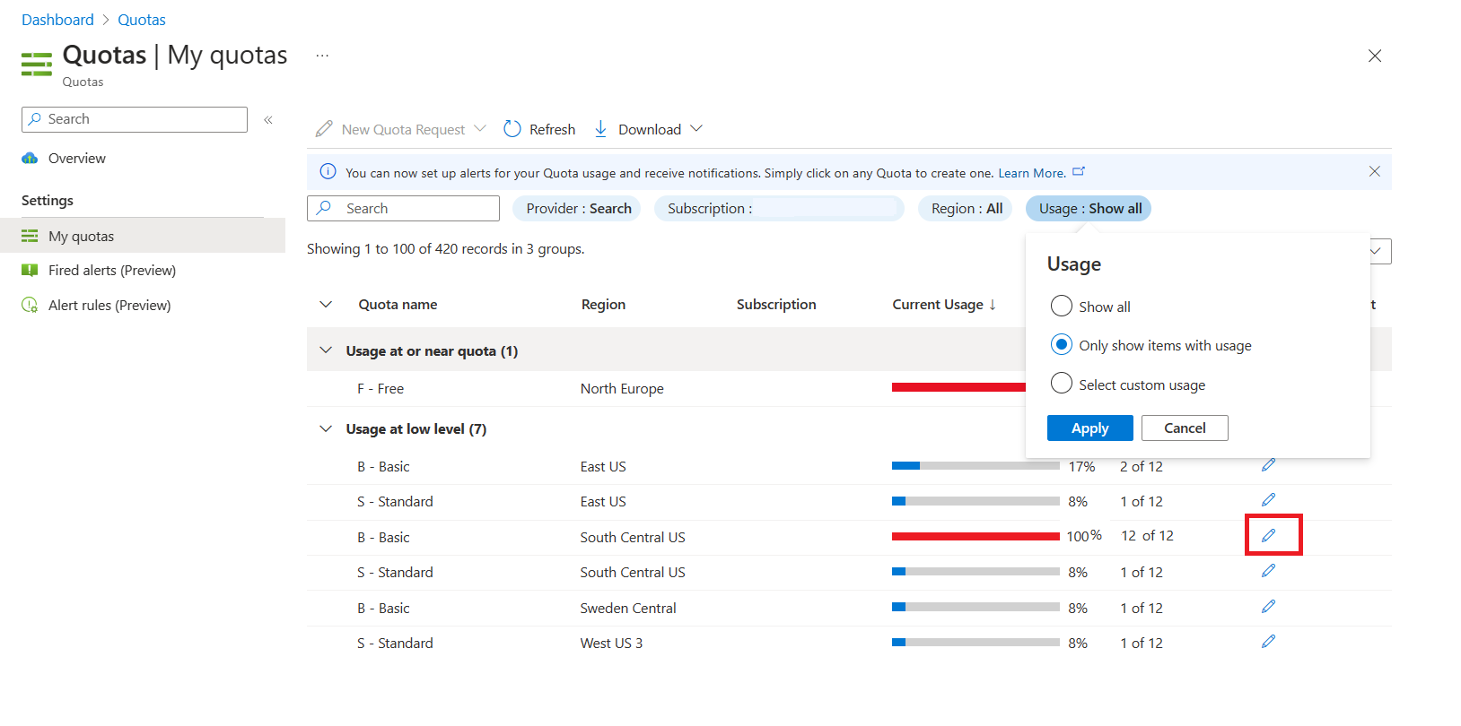 Screenshot of the My Quotas page with a region at maximum quota.