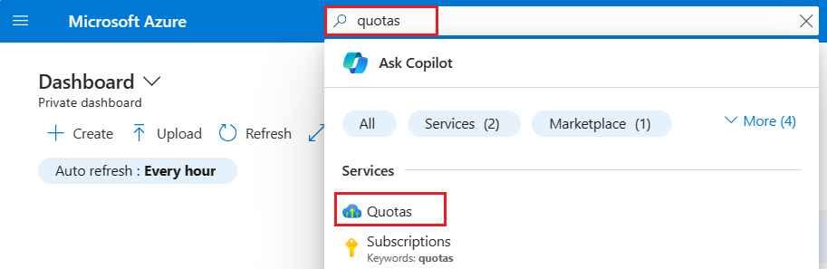 Screenshot of the quota search term and Quotas service in the results.