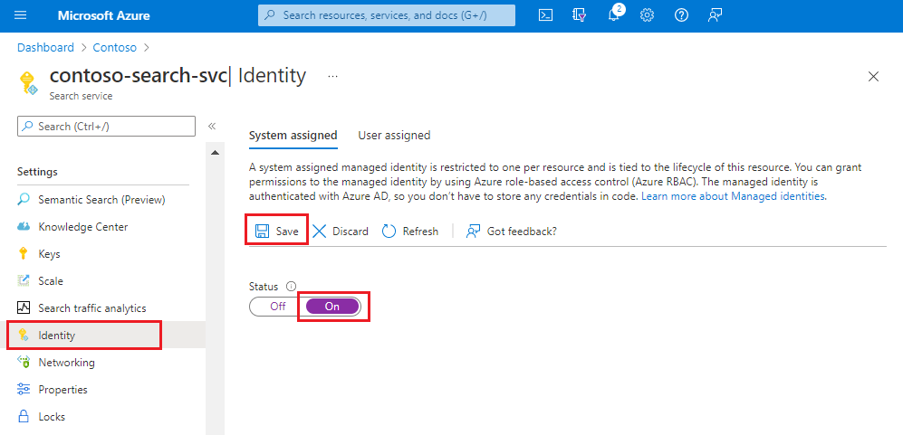 Screenshot of turn on system assigned managed identity.