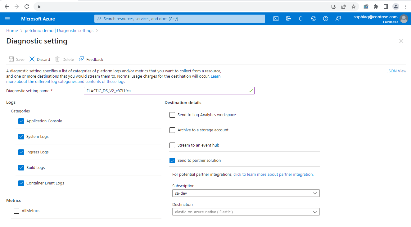 Screenshot of the Azure portal that shows the Diagnostic setting page with selected options and the name specified for the setting.