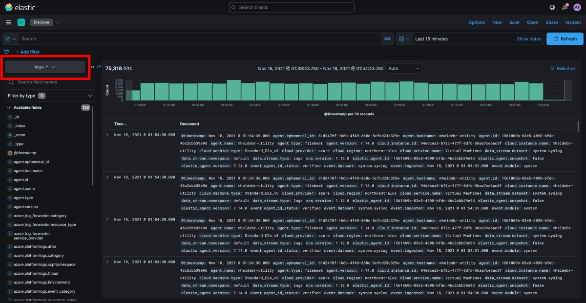 Screenshot of Elastic / Kibana that shows the logs page in the Discover app.