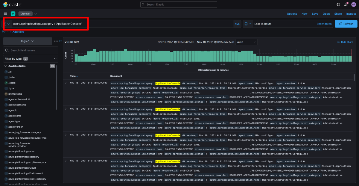 Screenshot of Elastic / Kibana that shows the Discover app with specific logs displayed.