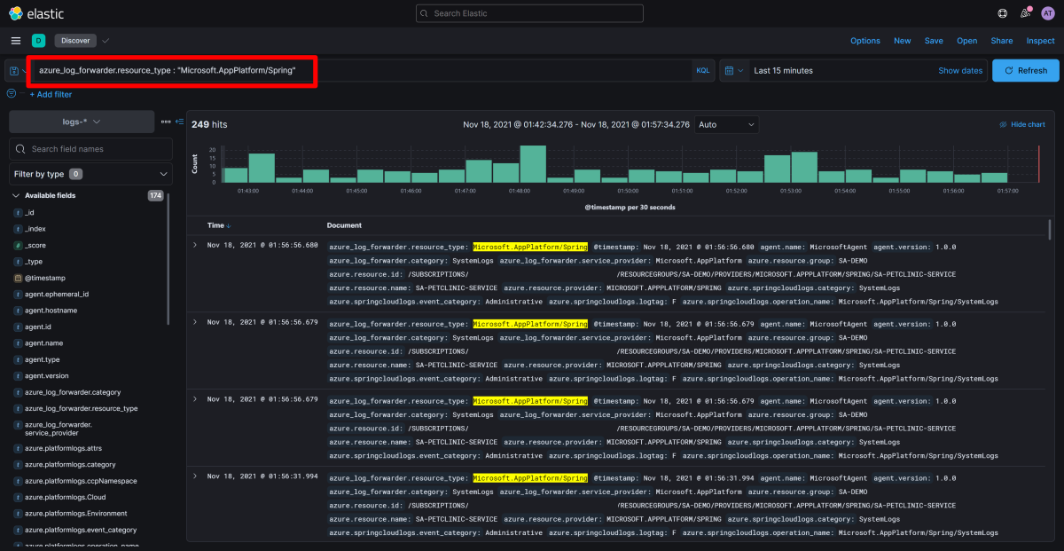 Screenshot of Elastic / Kibana that shows the Discover app with all logs displayed.