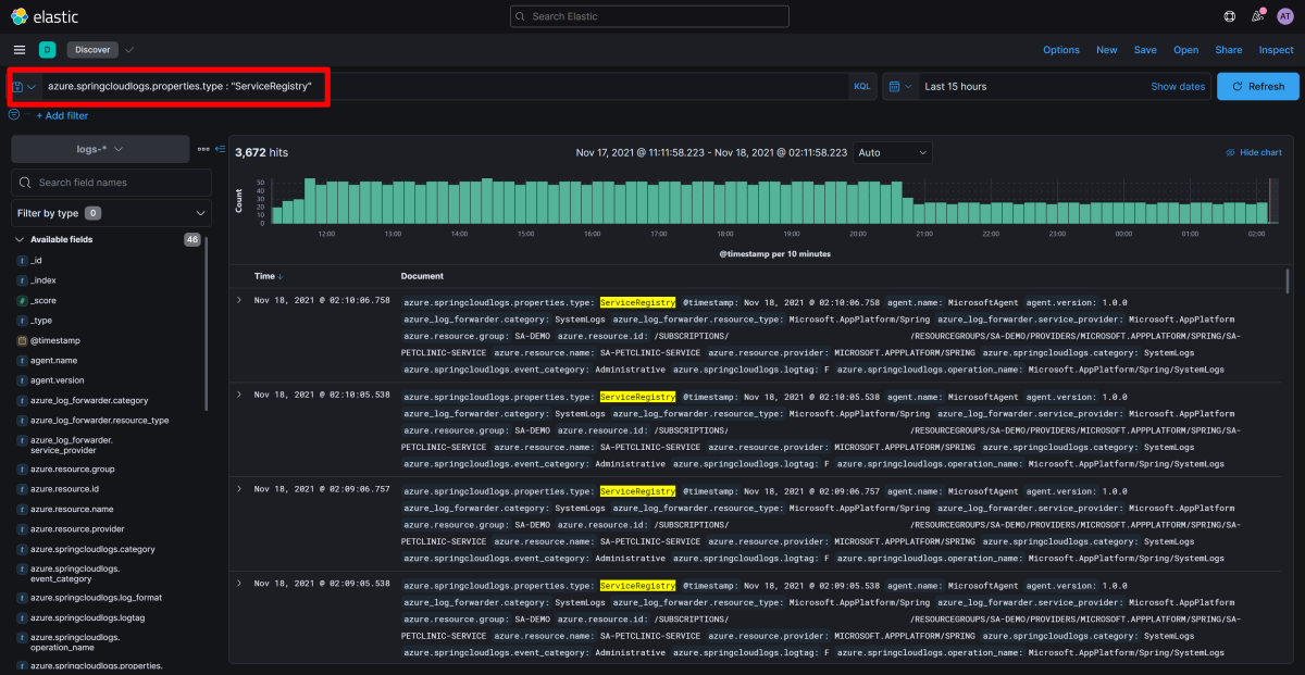 Screenshot of Elastic / Kibana that shows the Discover app with Service Registry logs displayed.