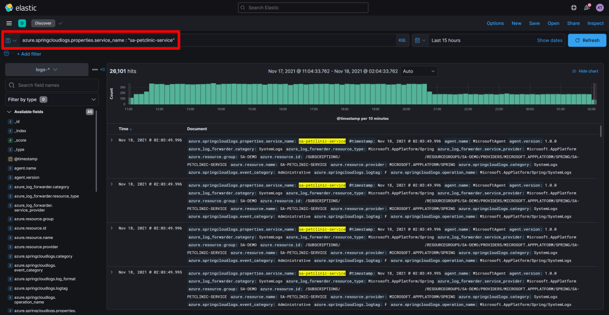 Screenshot of Elastic / Kibana that shows the Discover app with specific-service logs displayed.