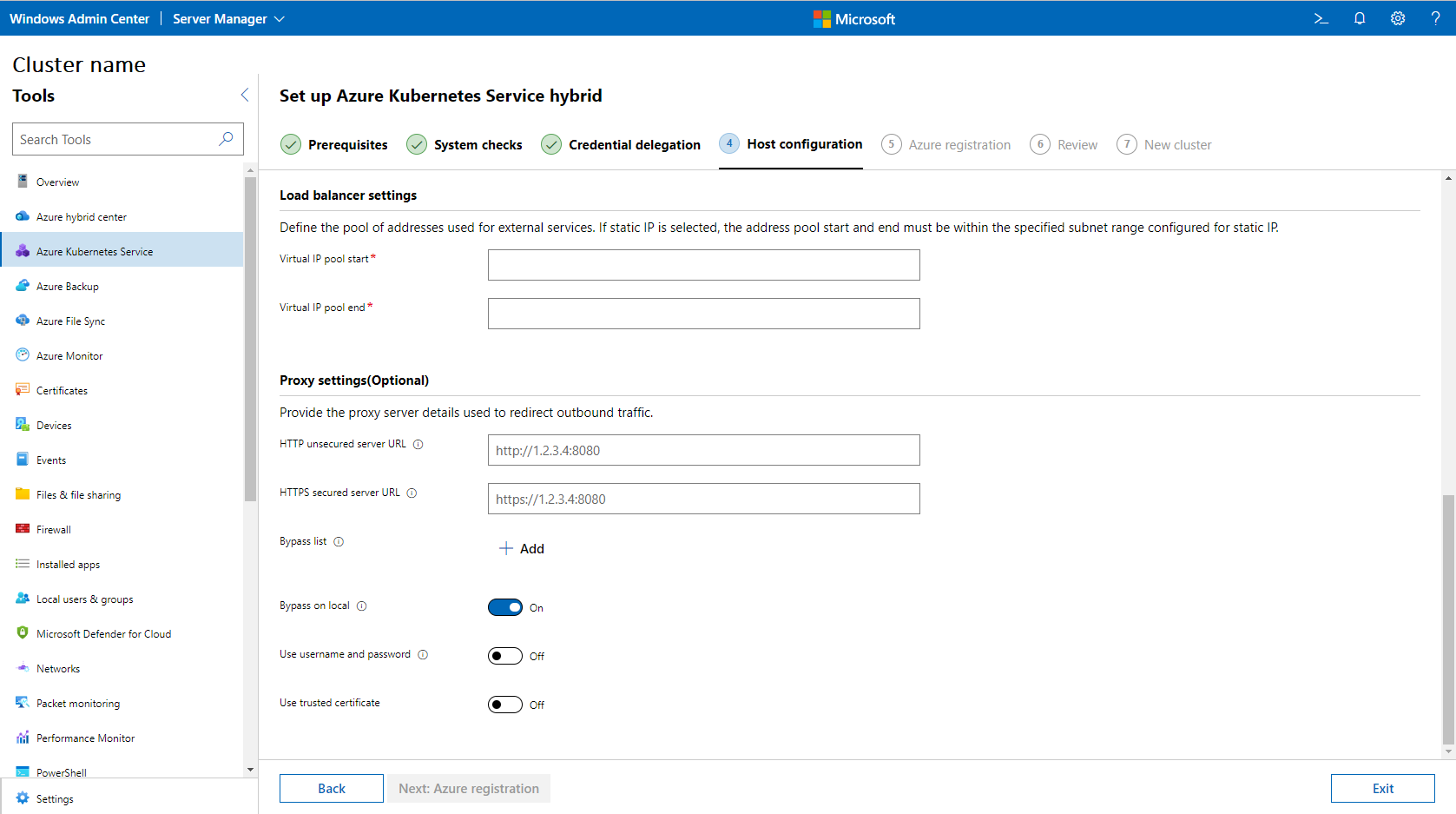 Screenshot that shows the optional proxy settings that you configure on the Host Configuration page.