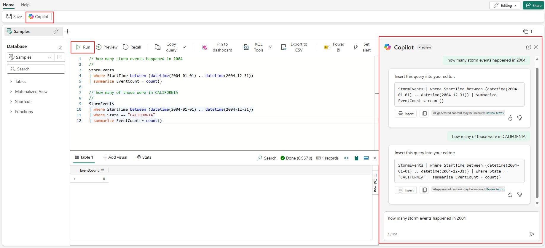 Screenshot of copilot use in KQL queryset in Real-Time Intelligence.