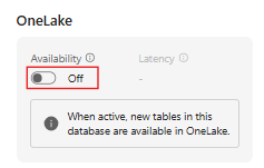 Screenshot of the OneLake section of the Database details pane in Real-Time Intelligence showing the Availability option highlighted.