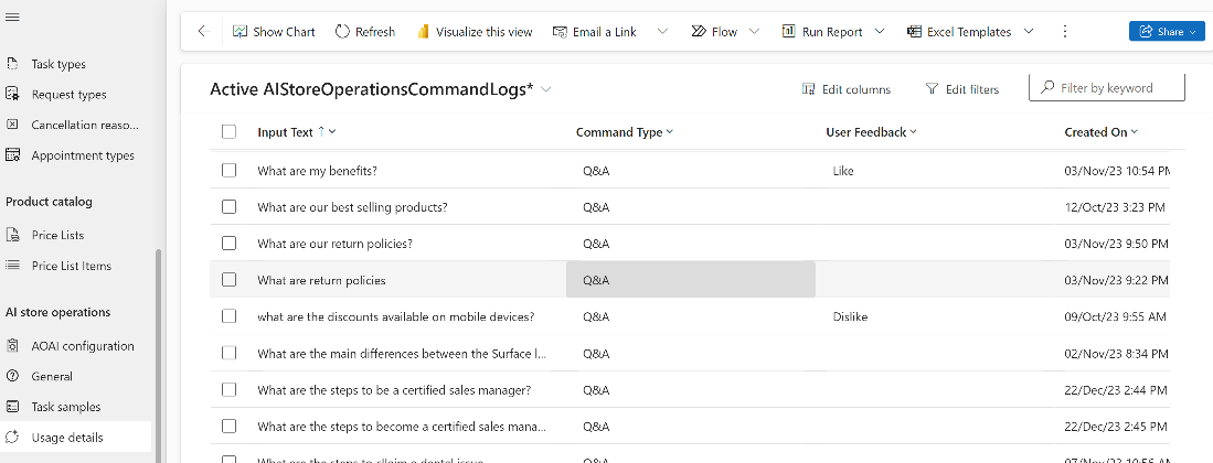 Screenshot shows how to view usage of AI store operations.