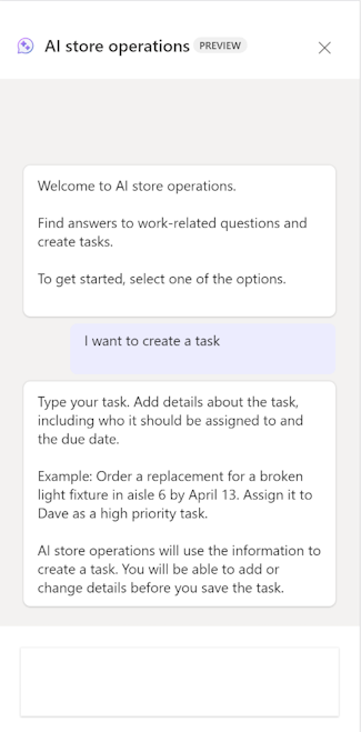 Screenshot shows how to create a task in AI store operations.