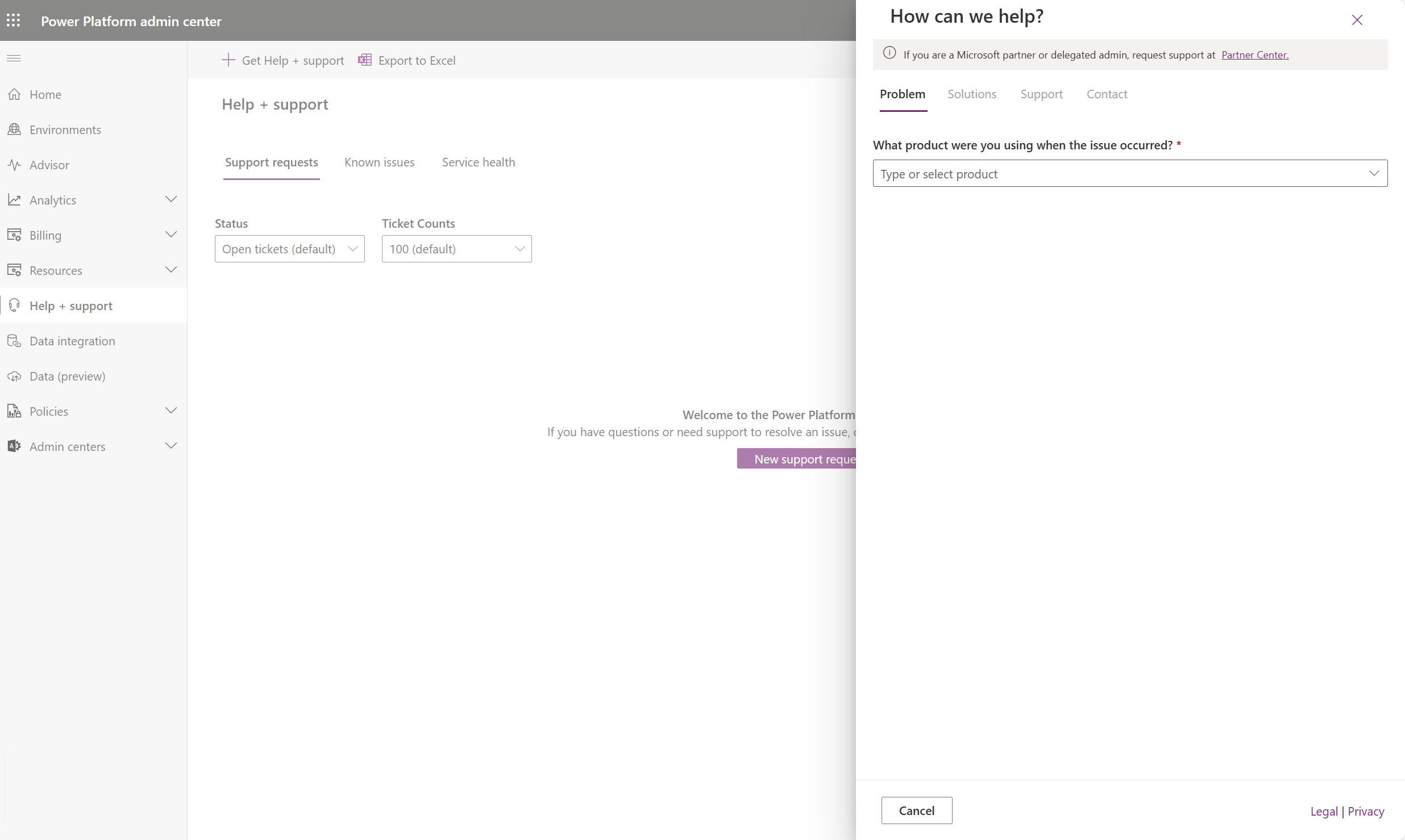 Screenshot of Help and support in Power Platform admin center.