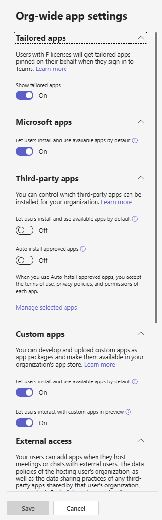 Screenshot of the Org-wide app settings pane on the Manage apps page